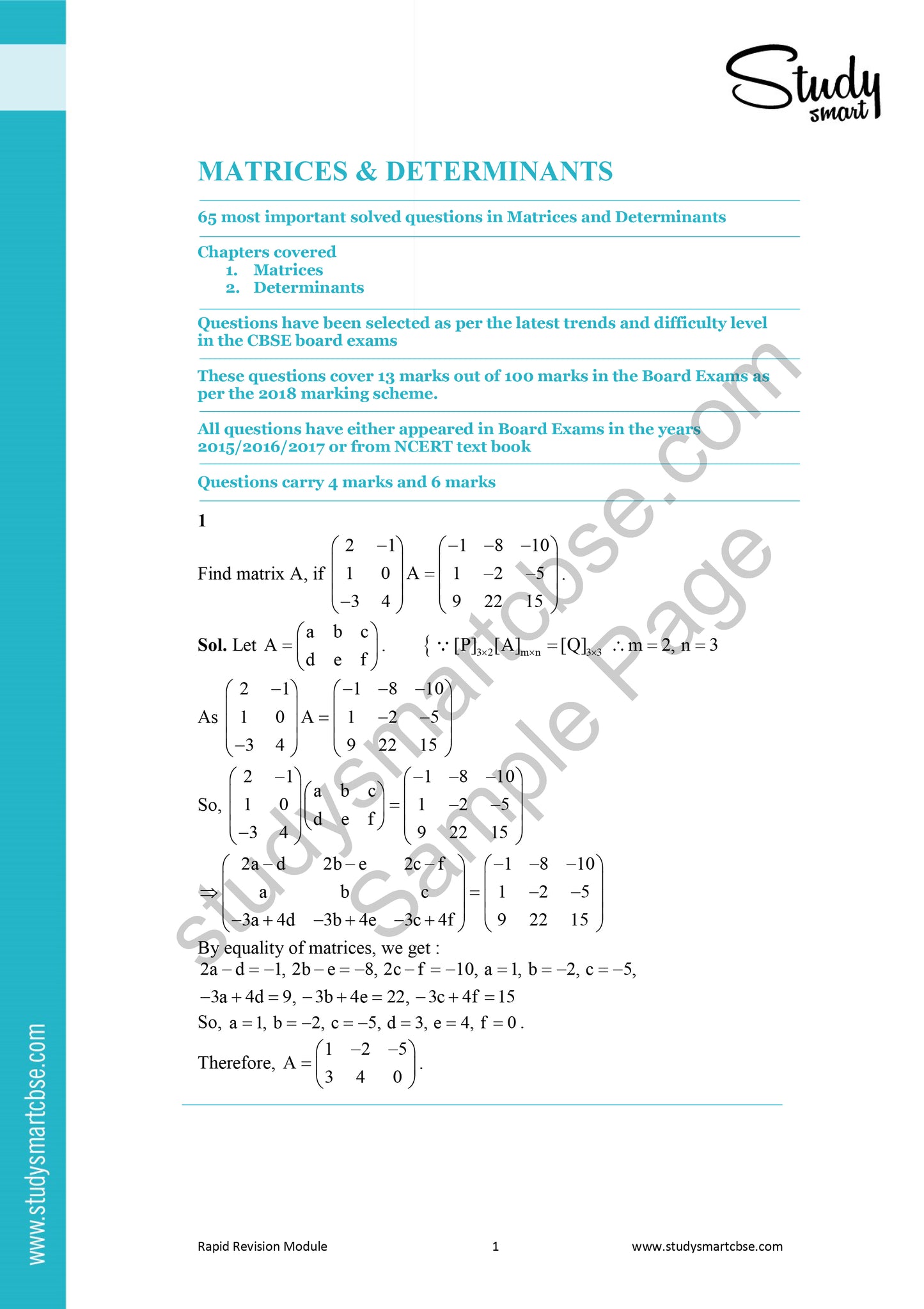 CBSE Class 12th Maths Matrices and Determinants - 65 Most Important Questions with Solutions (2025 - 2026)