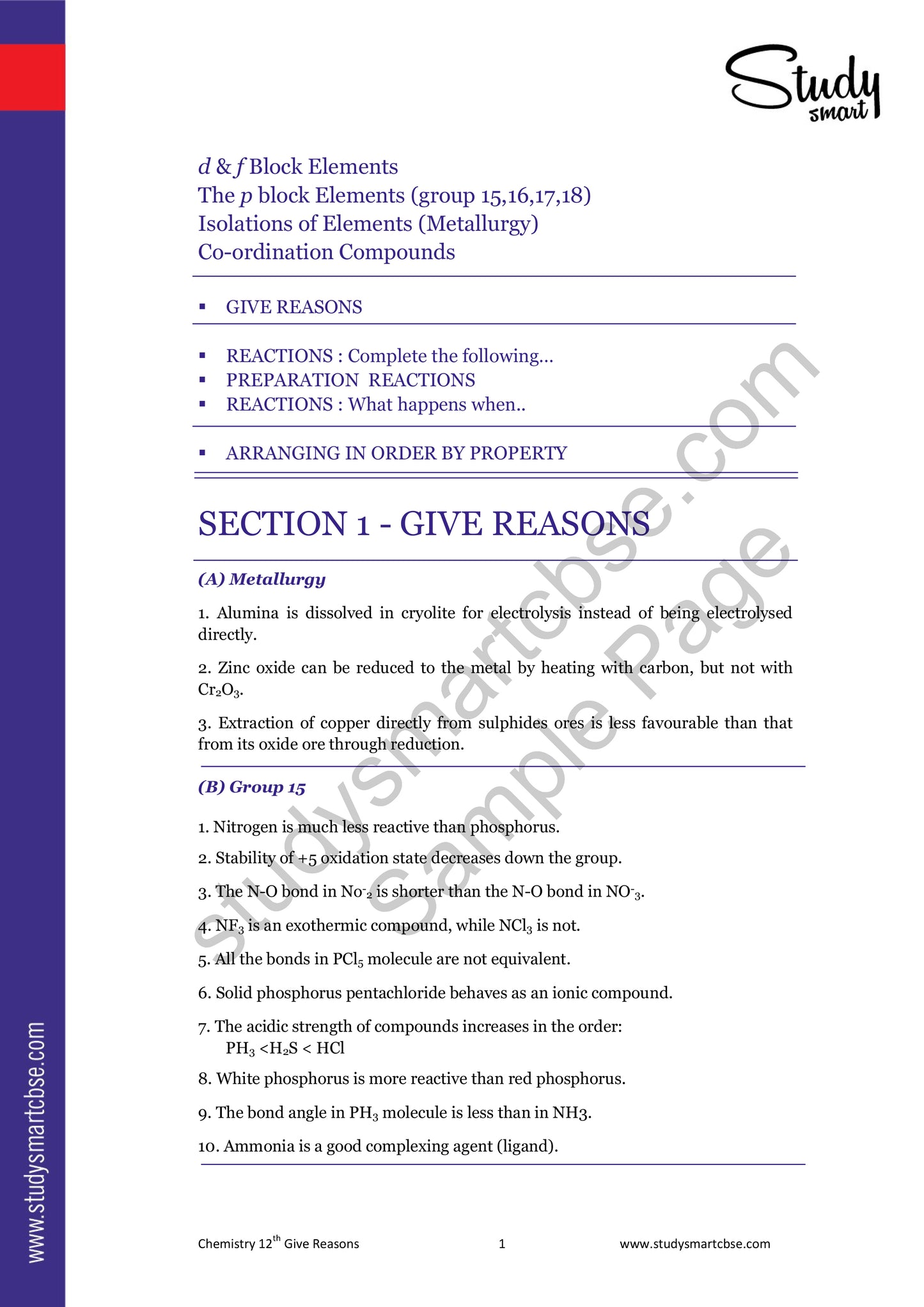 CBSE Class 12th Chemistry | d & f Block Elements, p-Block, Isolation of elements -Important Reactions, Give Reasons